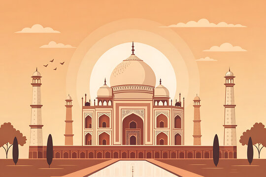 Indian palace under a simple sunrise sky  symmetrical domes and arches  restrained warm palette  minimal editorial vector illustration