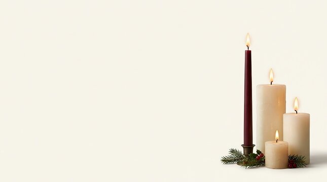 One tall dark red taper candle and three cream pillar candles with pine branches and red berries on a solid off-white background, for the holidays