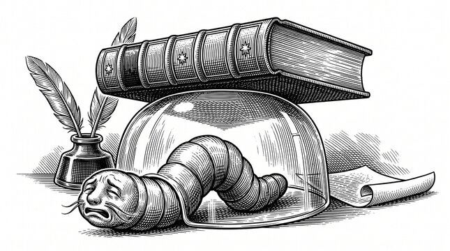 A sad anthropomorphic worm trapped under a glass cloche beneath a heavy antique leather book with worm human