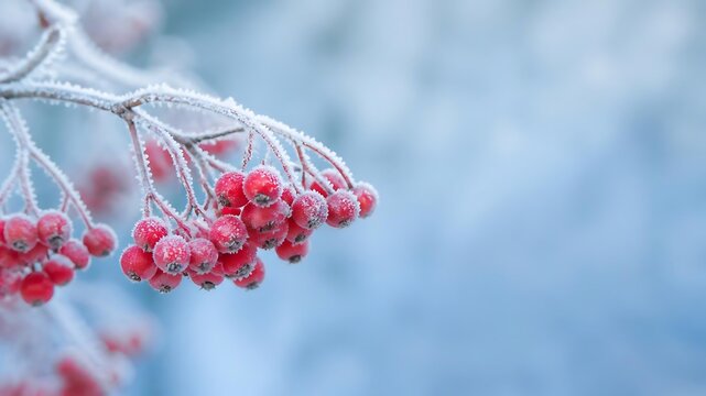 Frosted red berries on a snow covered branch with ice crystals and