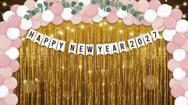 Balloon arch curtain backdrop animation, new year celebration 3d render background
