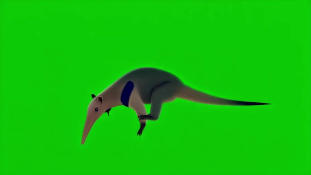 A digitally rendered anteater with a long snout and distinctive markings walks across a chroma key background, ideal for visual effects and educational content.