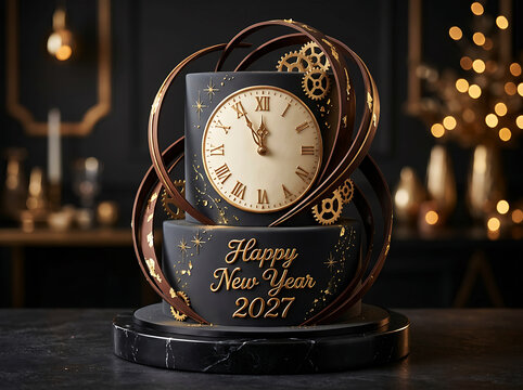 Luxurious steampunk clock sculpture with Happy New Year 2027 text, gold gears, black marble texture, and warm bokeh lighting, elegant holiday centerpiece.