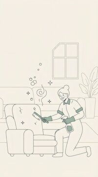 House cleaner kneeling and vacuuming sofa in living room. Residential cleaning and housekeeping service. Domestic chores, hygiene and home care. Clean interior illustration with copy space.