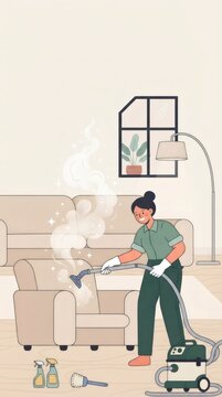 Woman vacuuming sofa in living room during home cleaning. Housekeeping and domestic chores. Household maintenance and cleanliness. Illustrated lifestyle scene with copy space.