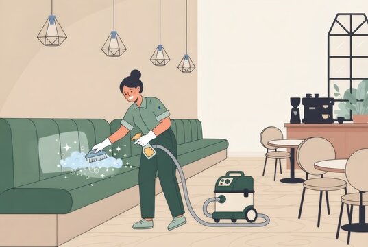 Woman vacuuming and cleaning a sofa in a modern living room. Housekeeping and home maintenance. Domestic cleaning service, hygiene and healthy home. Household chores and interior care.