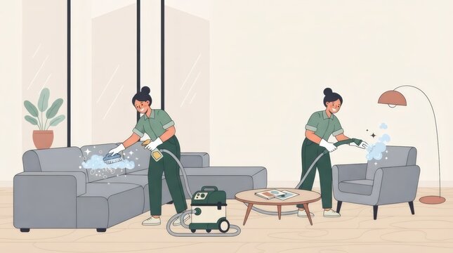 Cleaner scrubbing and vacuuming sofas in a modern living room. Professional upholstery care. Household cleaning and domestic service. Home maintenance and furniture hygiene.