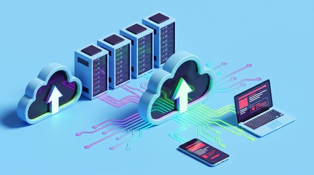 Cloud computing network with server racks connecting a laptop and smartphone on a blue background with system