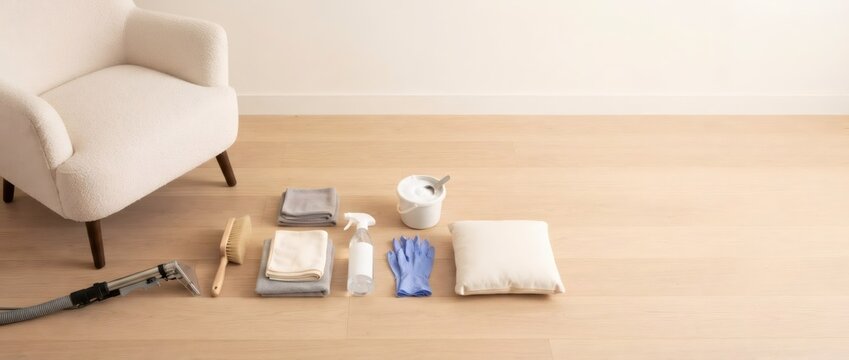 Upholstered armchair with cleaning supplies arranged on wooden floor. Household furniture care and upholstery cleaning. Home cleaning, maintenance and housekeeping.