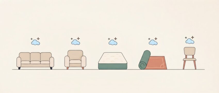 Illustration of sofa, armchair, mattress, exercise mat and chair beneath cloud icons. Furniture and fitness equipment collection. Home furnishings and wellness concept.
