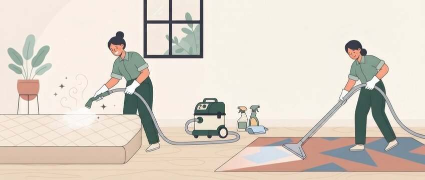 People cleaning a living room with vacuum cleaner and hose. Home housekeeping and domestic chores. Floor care, hygiene and tidy home concept. Household cleaning service illustration.