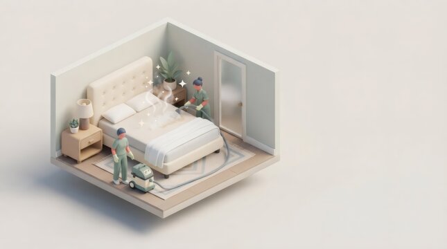 Two cleaners vacuuming a bedroom in a miniature cutaway room. Housekeeping and domestic cleaning service. Home hygiene, tidy living and routine maintenance. Isometric 3D illustration