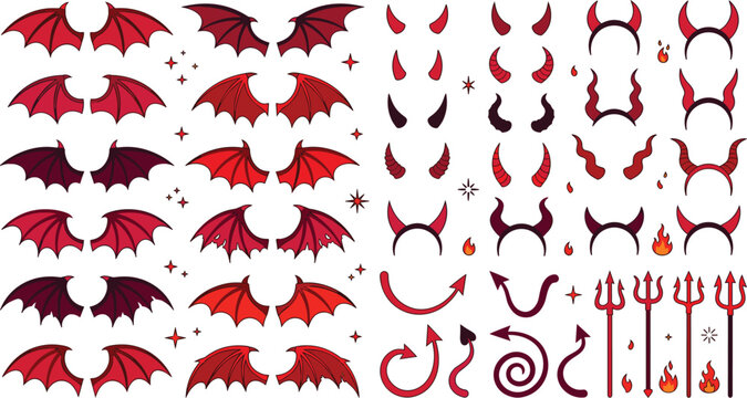 Red devil horns bat wings and pitchfork vectors set for Halloween costume graphic elements