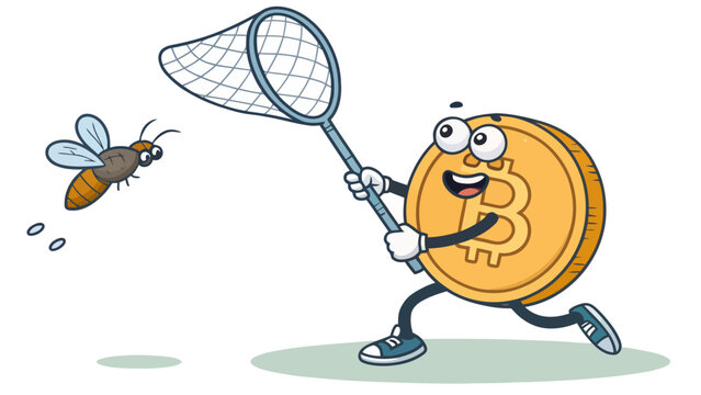 Bitcoin mascot character running with a net to catch a flying bee