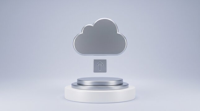Metallic cloud upload icon floating above a layered cylindrical display pedestal on a plain background