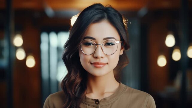 A confident young Asian woman with stylish glasses smiles warmly at the camera, exuding professionalism.