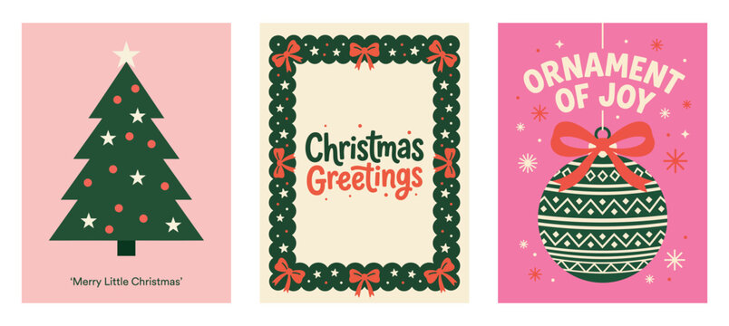 Vector Set of three retro festive greeting cards featuring a stylized green tree, a decorative garland frame, and a hanging ornament with bold typography Christmas Card