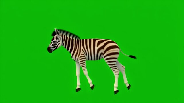A cute animated baby zebra foal gallops and leaps across a chroma key green screen, perfect for compositing.