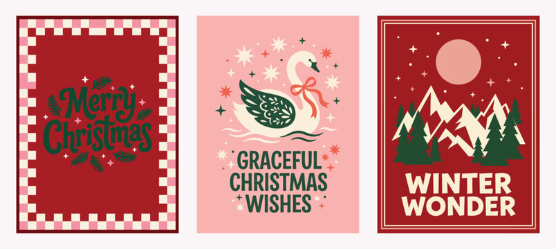 Vector Set of three retro festive holiday greeting cards featuring a checkered frame with Merry Christmas text, a graceful swan with stars, and a snowy mountain land Christmas Card