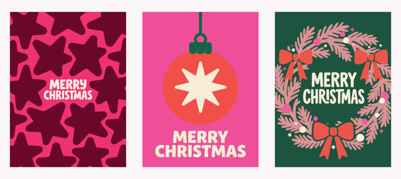 Vector Set of three retro festive holiday greeting cards featuring an organic star pattern, a hanging bauble ornament, and a pine wreath with red bows Christmas Card