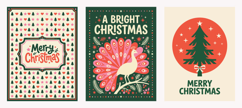Vector Set of three retro festive holiday greeting cards featuring repeating tree and heart patterns, a white peacock on a branch, and a pine tree inside a red circl Christmas Card
