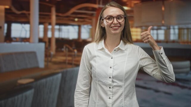 Woman wearing glasses and white shirt gives right hand thumbs up while smiling with eyes closed in airport lounge; approval.