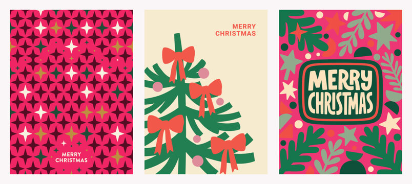 Vector Set of three trendy holiday greeting cards featuring abstract geometric patterns, a minimalist Christmas tree with red bows, and festive typography Christmas Card