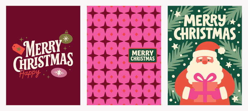 Vector Set of three modern holiday greeting cards with festive typography, retro geometric star pattern, and Santa Claus holding a present Christmas Card