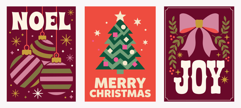 Vector Set of three festive holiday greeting cards featuring bold retro typography, hanging ornaments, a stylized geometric tree, and a large decorative bow Christmas Card