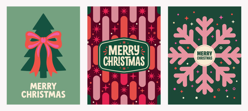 Vector Set of three retro festive greeting cards featuring a stylized green tree with a red bow, an abstract geometric patterned background with a typography badge Christmas Card