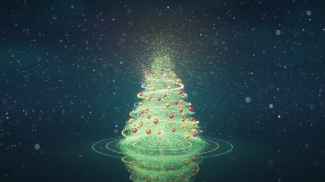 Christmas tree assembling from golden glowing particles 3d vortex with star ignition ornaments and garland seamless loop 4k