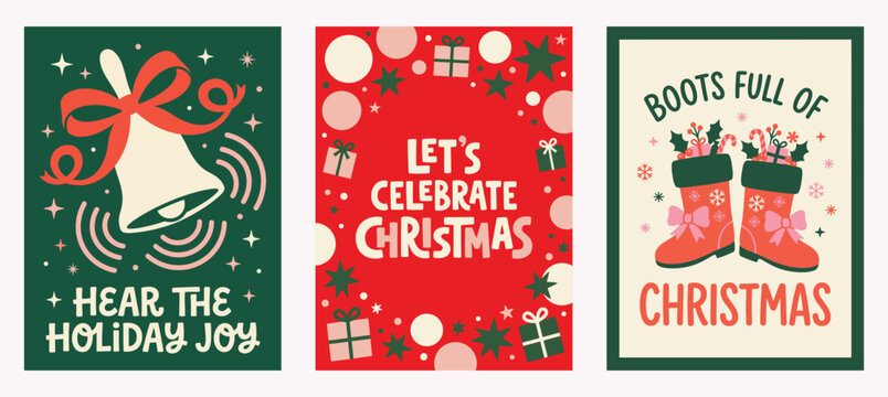 Vector Set of three retro festive greeting cards featuring a ringing bell with a red bow, bold holiday typography, present boxes, and decorative boots Christmas Card