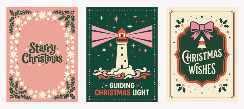 Vector Set of three retro festive greeting cards featuring starry borders, a lighthouse emitting light beams, holiday typography, and decorative seasonal emblems Christmas Card