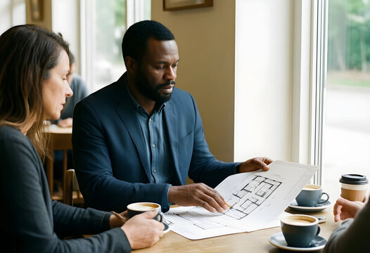 Real estate development and architectural planning, diverse business team reviewing floor plans during a professional meeting in a modern coffee shop