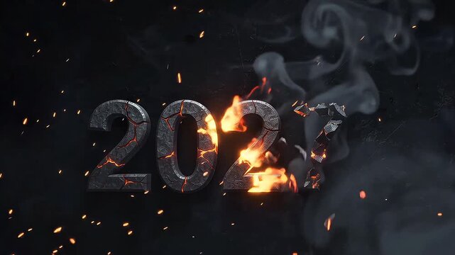 Ember Year Rebirth: Dark 2027 burns at the edges as the 7 collapses into glowing ash and reforms as 8 in smoky cinematic darkness.