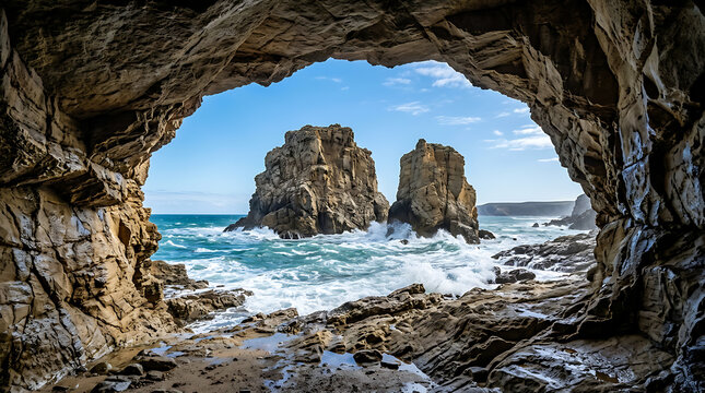 Scenic view from inside a rocky cave overlooking ocean stacks