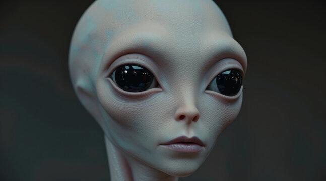 Photorealistic Close Up Portrait of an Extraterrestrial Humanoid with Smooth Pale Grey Skin and Enormous Glossy Black Eyes. Sci-Fi Extraterrestrial Alien Portrait