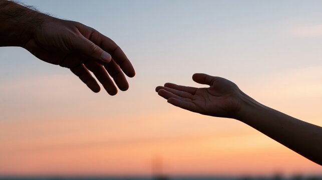 Two hands reaching toward each other against a sunset sky