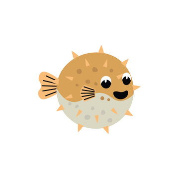 Cute cartoon porcupinefish for children, isolated on a white background.