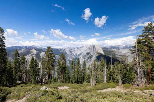 Scenic landscape view of Half Dome from Sentinel Dome trail in Yosemite National Park