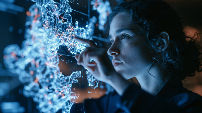 Female Scientist Interacting with Futuristic Holographic Data Interface