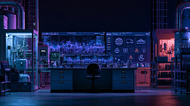 High-Tech Industrial Control Room with Digital Data Screens