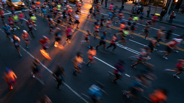 Elevated View of Marathon Runners on City Street