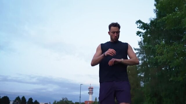 Low angle view of a male runner approaching and stopping close to the camera to operate his smartwatch after a workout in slow motion.