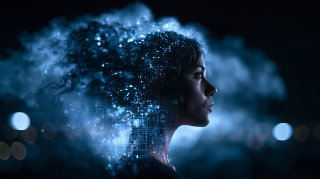 Futuristic Digital Woman Profile with Artificial Intelligence Concept