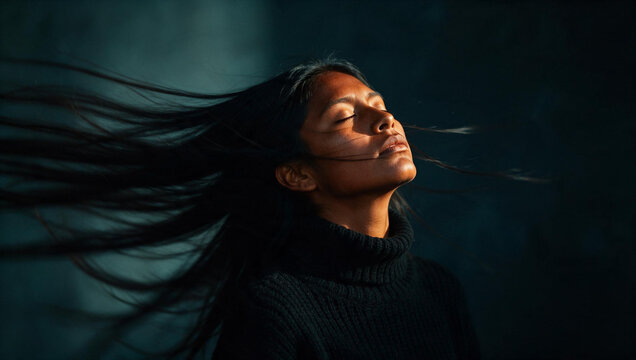 Serene Woman with Windblown Hair Enjoying Sunlight and Fresh Air