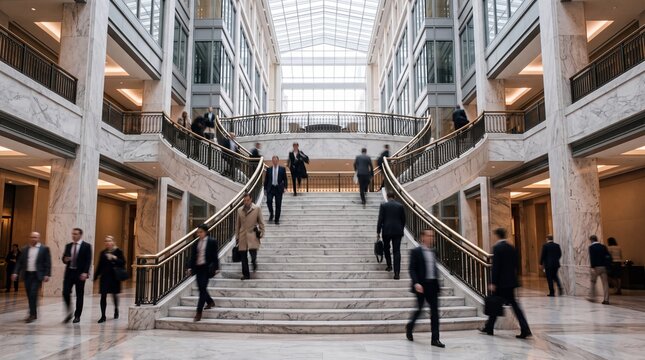 Business People on Grand Marble Staircase in Corporate Lobby