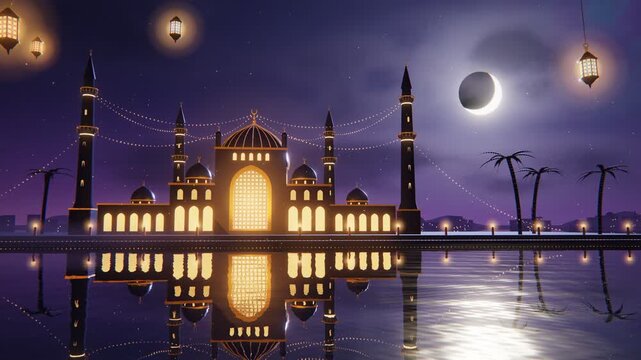 Ramadan night 3d mosque silhouette with crescent moon starry sky water reflection and swaying fanous lanterns