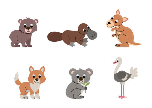 Cute cartoon Australian animal collection for children, featuring a kangaroo, ostrich, wombat, dingo, platypus and koala on a white background.