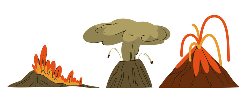 Volcanic Eruption Stages with Burning Lava, Massive Ash Cloud and Explosive Magma Ejection Hand Drawn Natural Disaster Illustration for Geology Education Science Posters and Earth Science Infographics